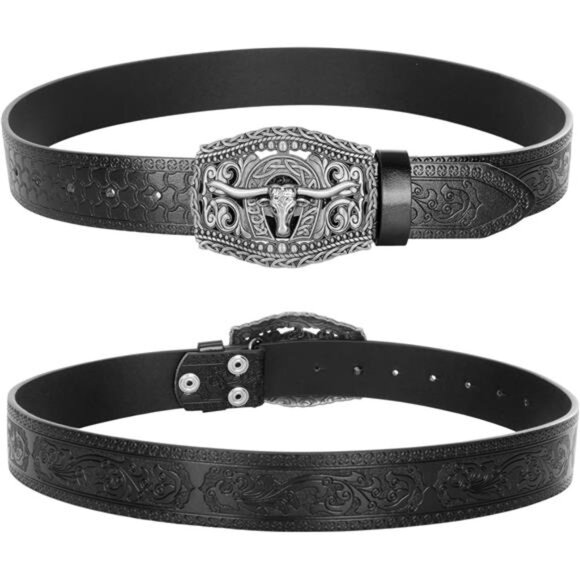 Western Cowboy Leather Belt Men Women Floral Engraved Buckle Jeans Adjustable - Picture 7 of 8
